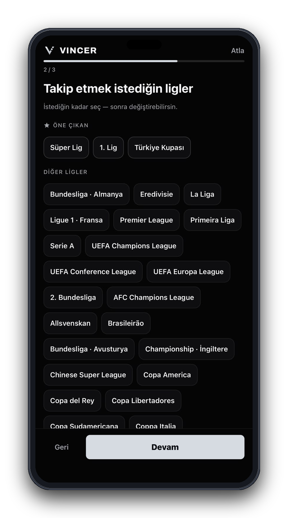Lig seçim ekranı